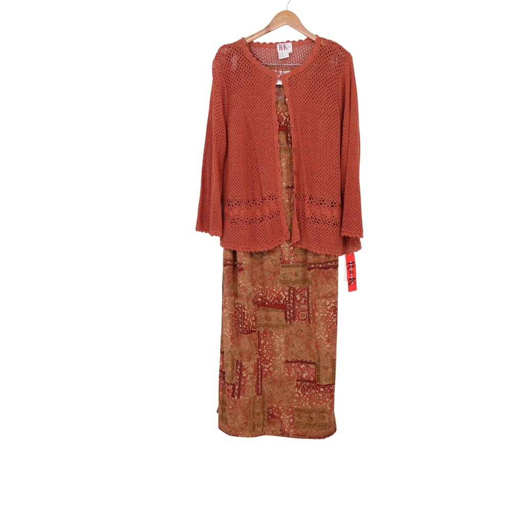 R&K Originals Dress Set Women 16W Russet Crochet Cardigan Maxi NEW